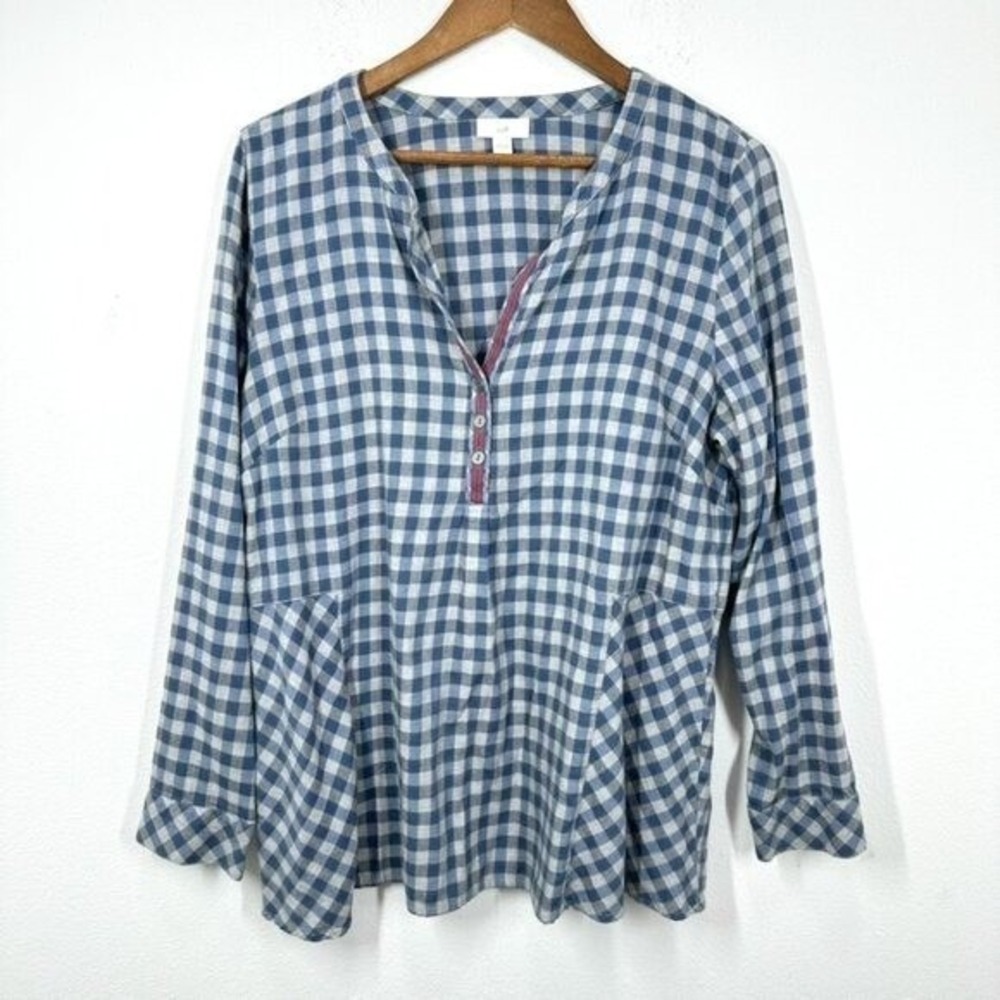 J. Jill Size Large Blue Grey Checkered V Neck Popover Blouse Cozy Casual Fall - Picture 10 of 10